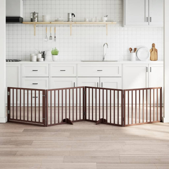 Cancelletto per cani con porta pieghevole 4 pannelli marrone 320 cm in legno di pioppo 352201