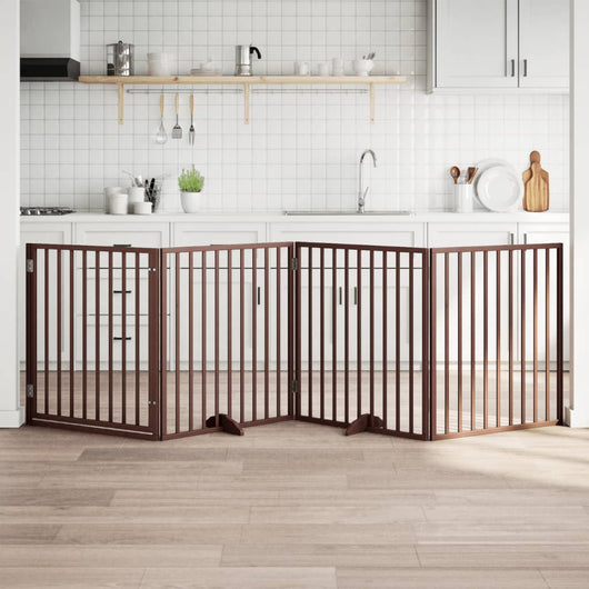 Cancelletto per cani con porta pieghevole 4 pannelli marrone 320 cm in legno di pioppo 352203