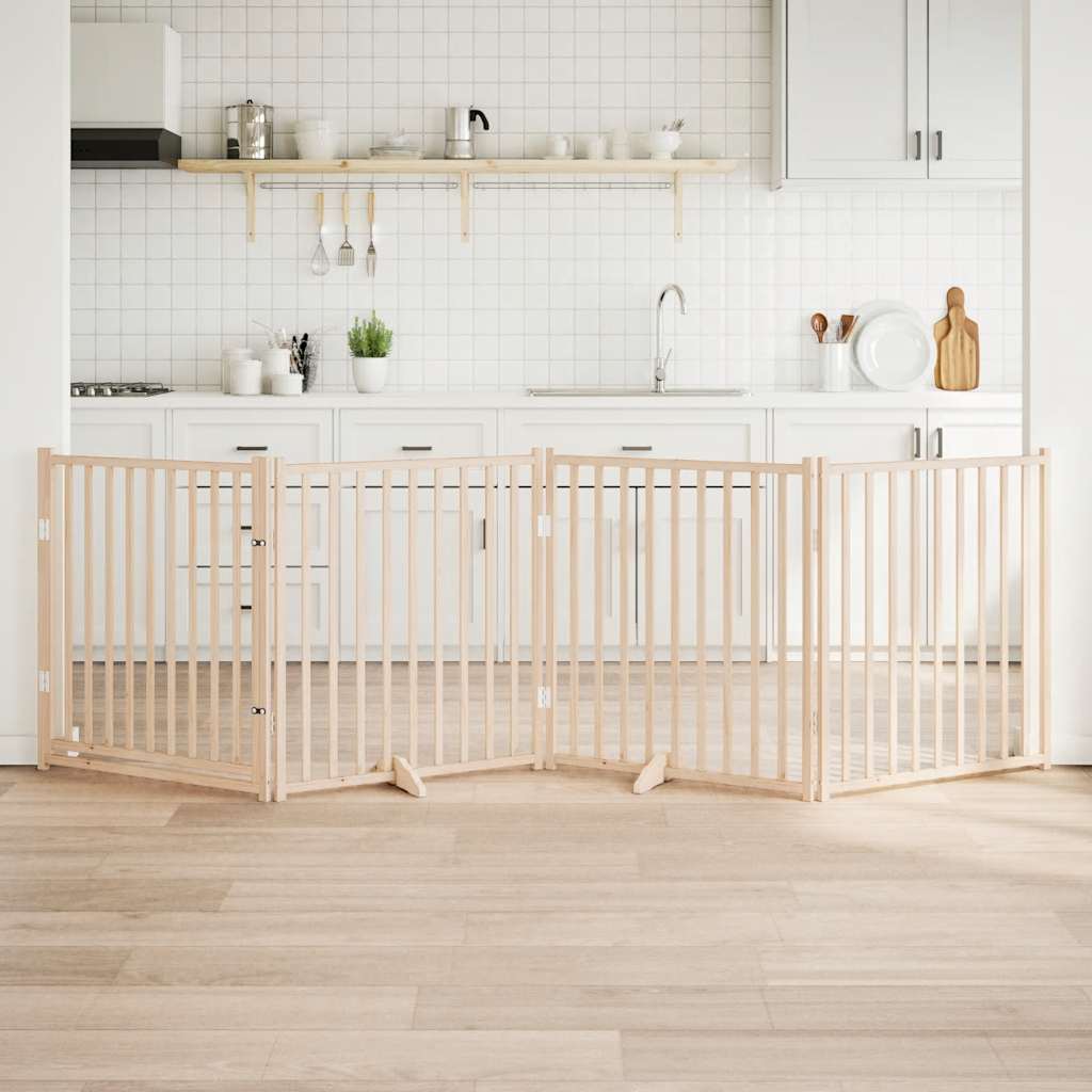 Cancelletto per cani con porta pieghevole 4 pannelli 320 cm in legno massello di abete 352275