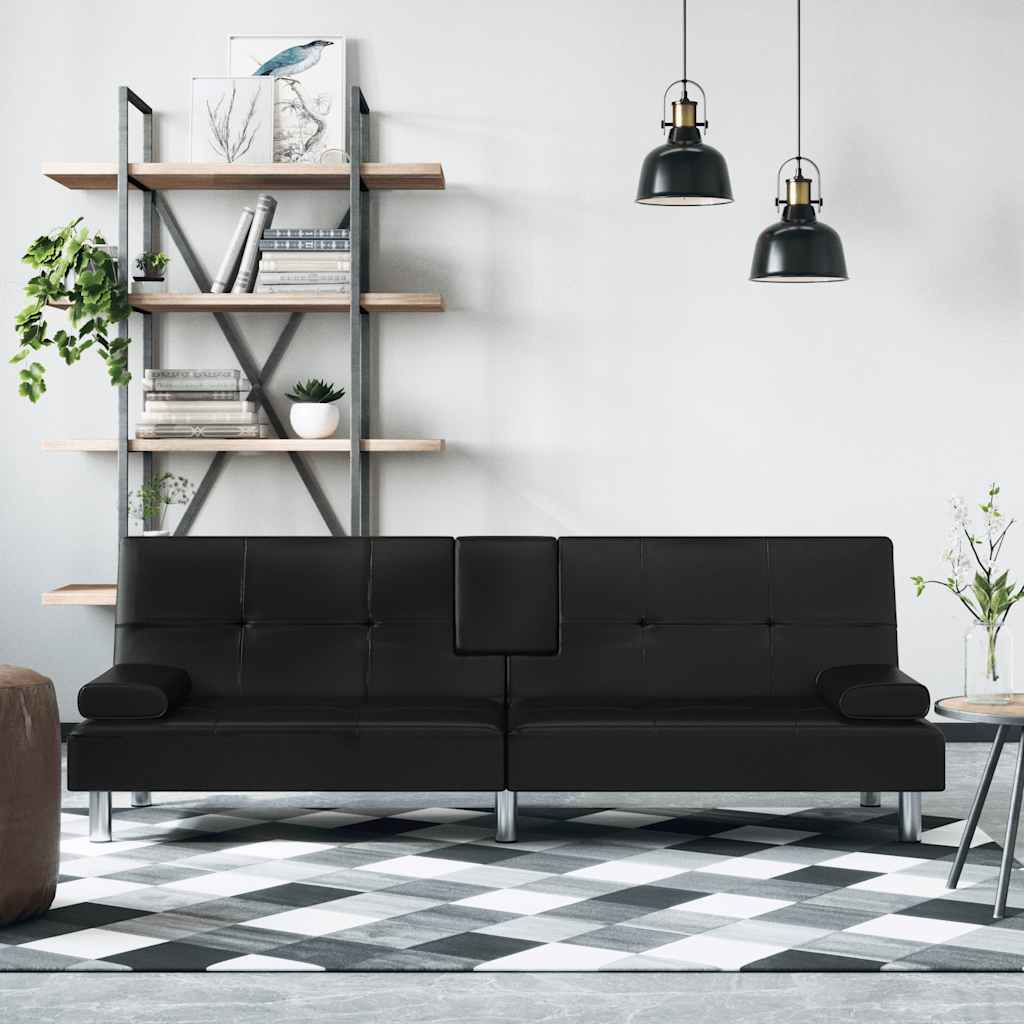 Divano Letto con Portabicchieri-Sofa Letto-Daybed in Similpelle Nero