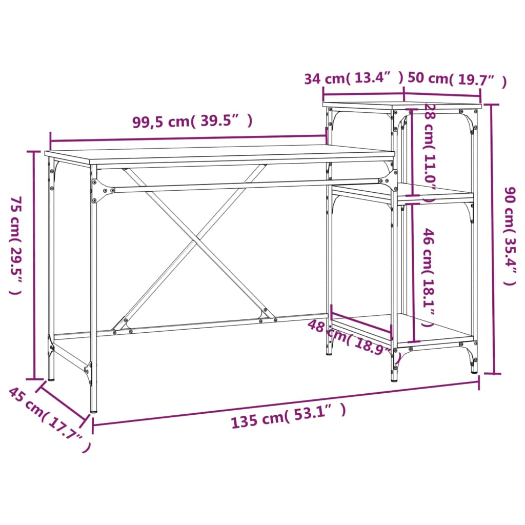 Scrivania tavolo postazione di lavoro mobile per computer studio e scaffali rovere affumicato 135 x 50 x 90 cm legno ingegnerizzato/ferro marrone 02_0023815