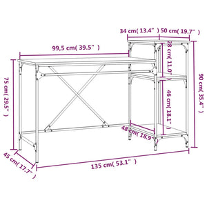 Scrivania tavolo postazione di lavoro mobile per computer studio e scaffali rovere affumicato 135 x 50 x 90 cm legno ingegnerizzato/ferro marrone 02_0023815