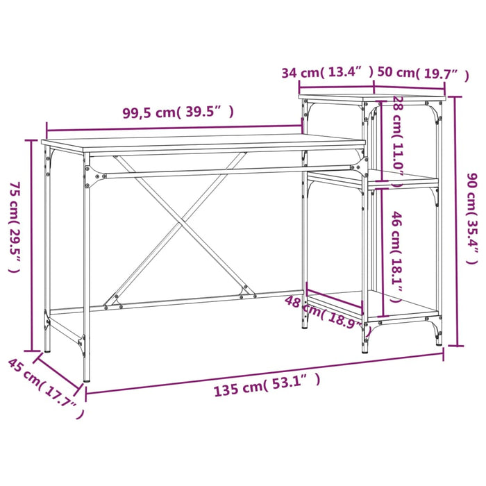 Scrivania tavolo postazione di lavoro mobile per computer studio e scaffali rovere affumicato 135 x 50 x 90 cm legno ingegnerizzato/ferro marrone 02_0023815
