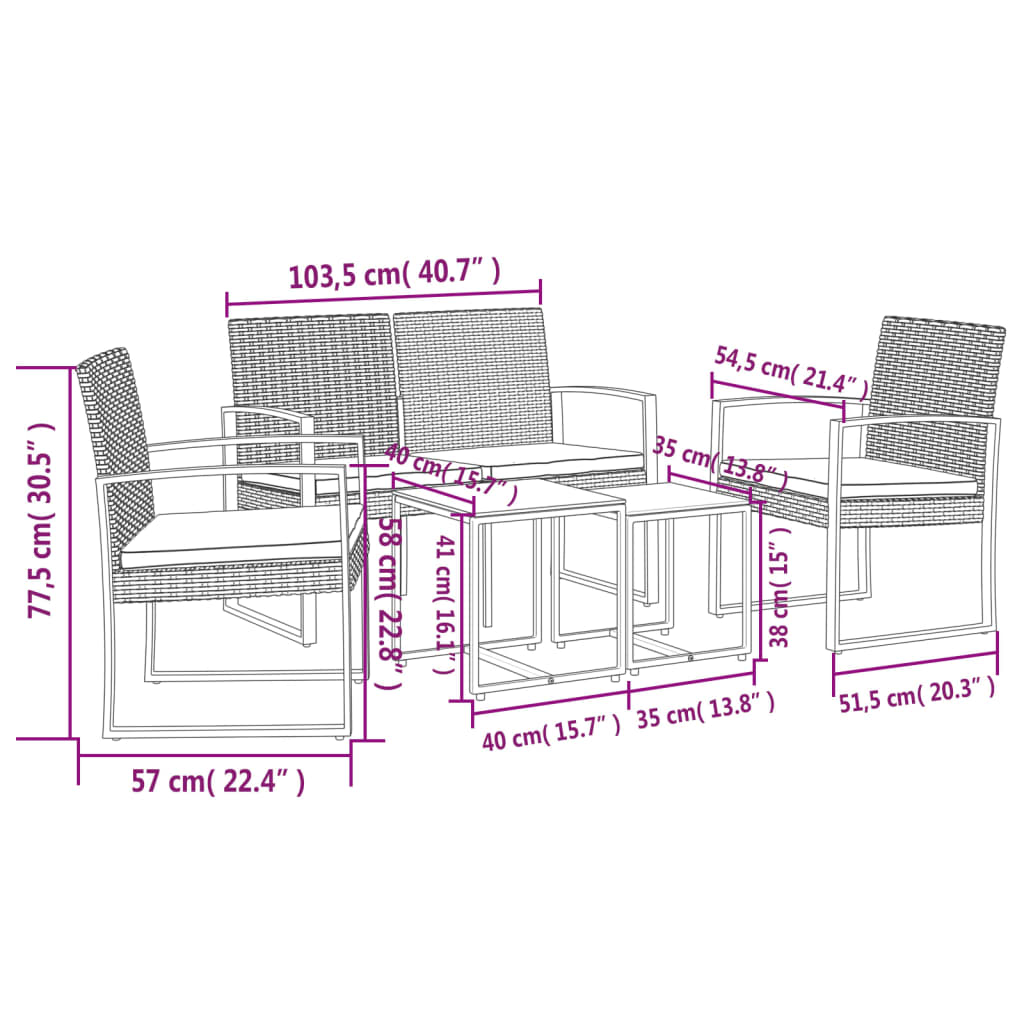 Set da Pranzo da Giardino 5 pz con Cuscini in PP Rattan Marrone 360216