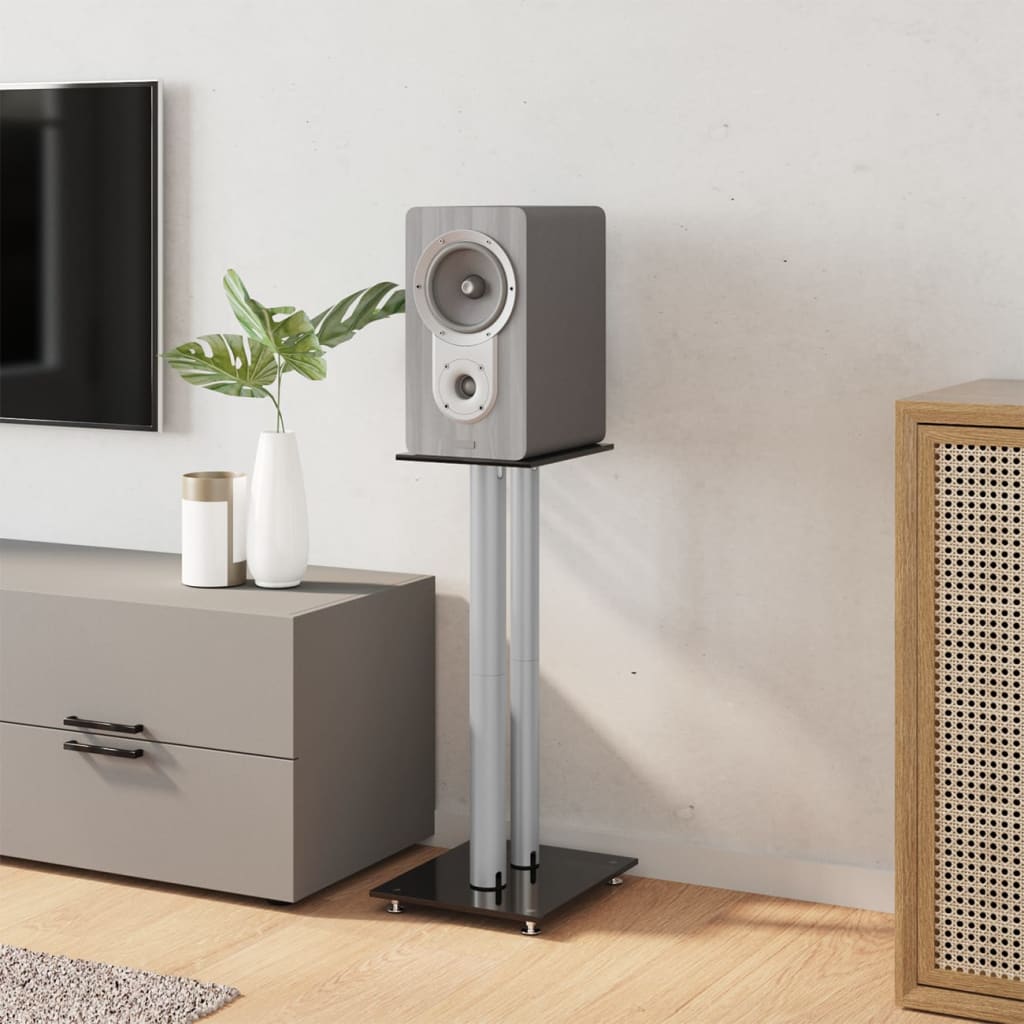 Pedane Casse 2pz Nero Argento Vetro Temperato Design 2 Pilastri 51807