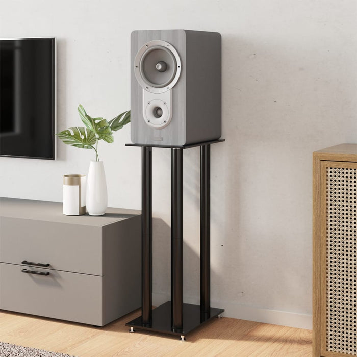 Pedane per Casse 2pz Nero Vetro Temperato Design a 4 Pilastri 51817