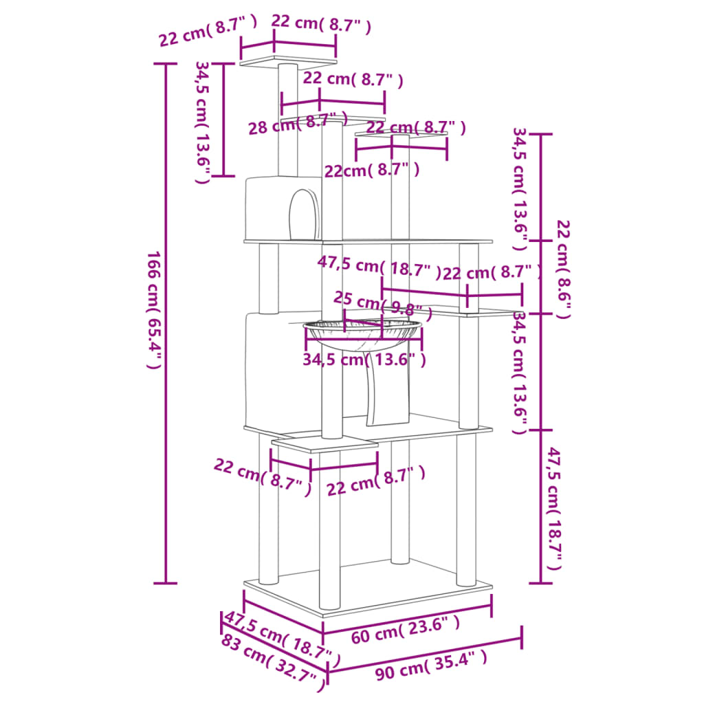 Albero per Gatti con Tiragraffi in Sisal Grigio Chiaro 166 cm 171724