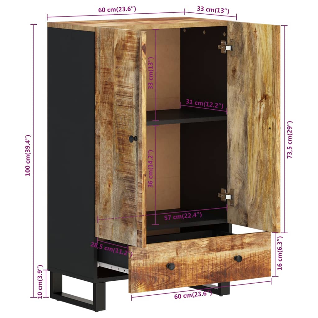 Credenza con Cassetto-Buffet-Armadio da cucina 60x33x100 cm Legno Massello Mango e Ferro 988574