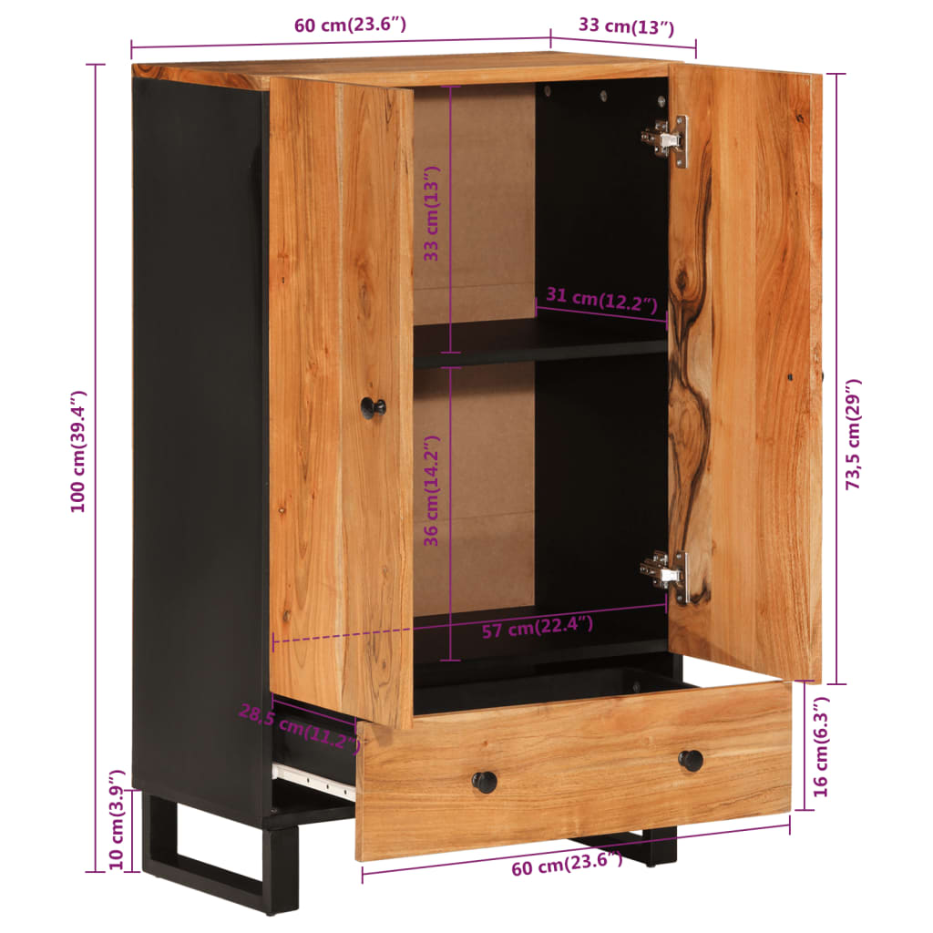 Credenza con Cassetto-Buffet-Armadio da cucina 60x33x100cm Legno Massello Acacia e Ferro