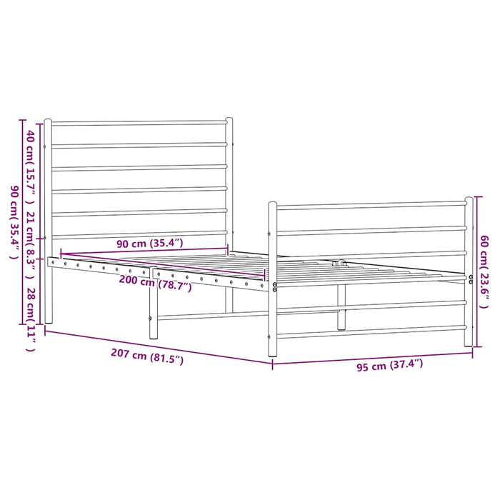 Giroletto con Testiera e Pediera Metallo Nero 90x200 cm 352330