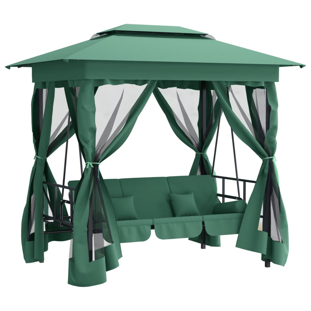 Gazebo con Panca a Dondolo Convertibile Verde Tessuto e Acciaio 363327