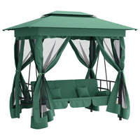 Gazebo con Panca a Dondolo Convertibile Verde Tessuto e Acciaio 363327