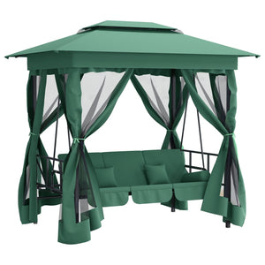 Gazebo con Panca a Dondolo Convertibile Verde Tessuto e Acciaio 363327