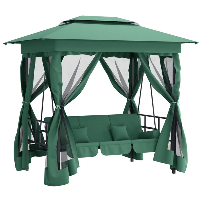 Gazebo con Panca a Dondolo Convertibile Verde Tessuto e Acciaio 363327
