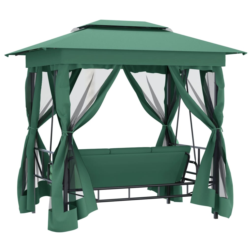 Gazebo con Panca a Dondolo Convertibile Verde Tessuto e Acciaio 363327