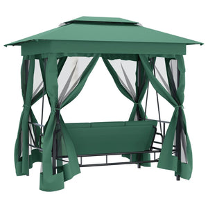 Gazebo con Panca a Dondolo Convertibile Verde Tessuto e Acciaio 363327