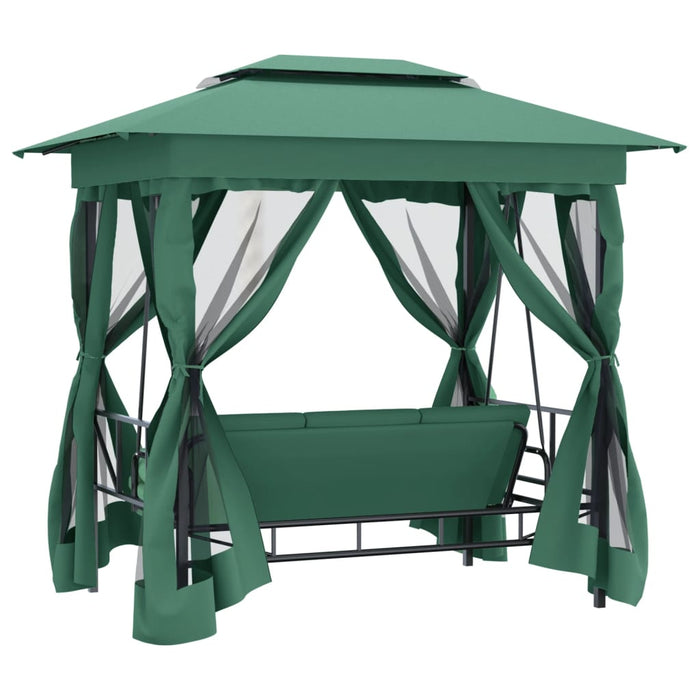 Gazebo con Panca a Dondolo Convertibile Verde Tessuto e Acciaio 363327