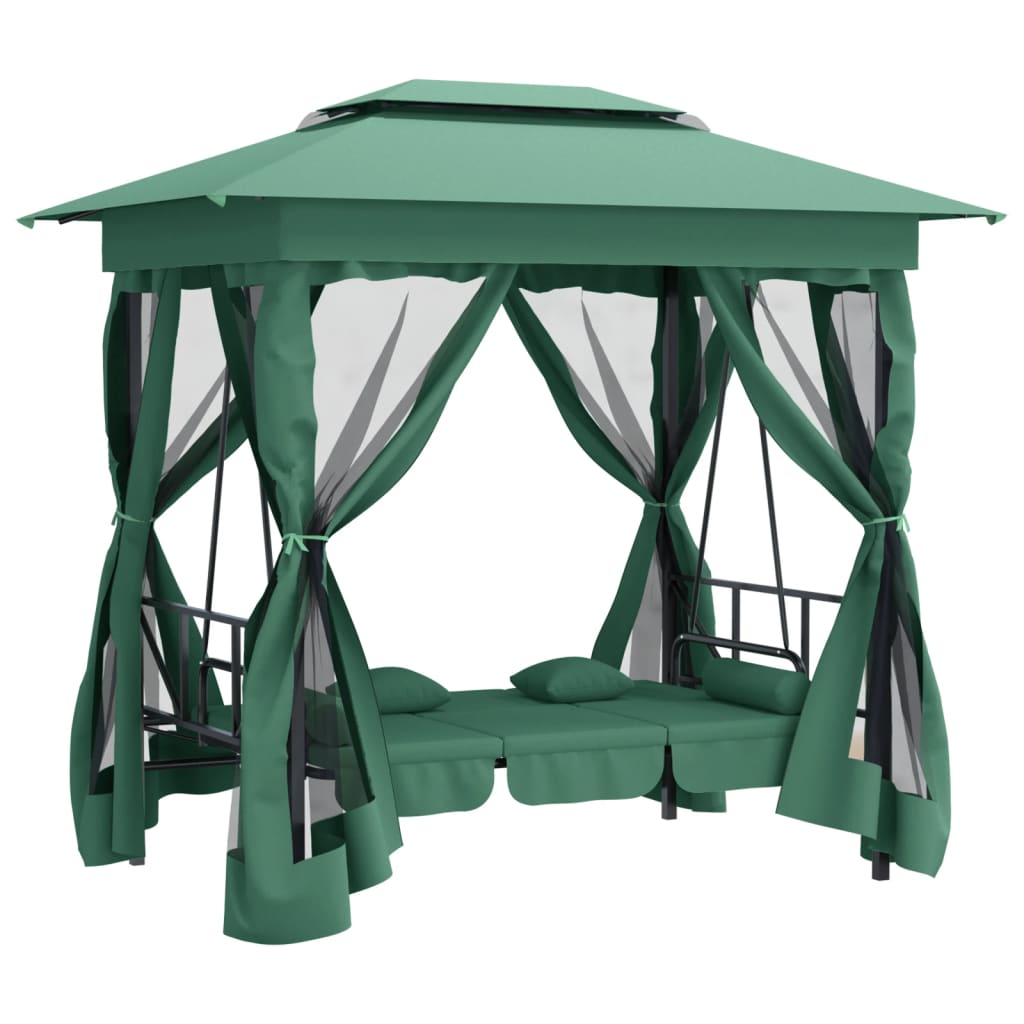 Gazebo con Panca a Dondolo Convertibile Verde Tessuto e Acciaio 363327