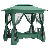 Gazebo con Panca a Dondolo Convertibile Verde Tessuto e Acciaio 363327