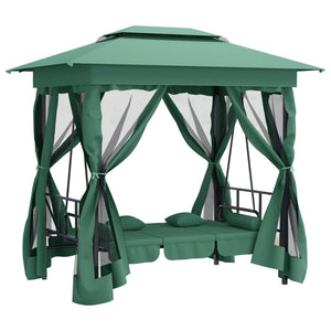Gazebo con Panca a Dondolo Convertibile Verde Tessuto e Acciaio 363327