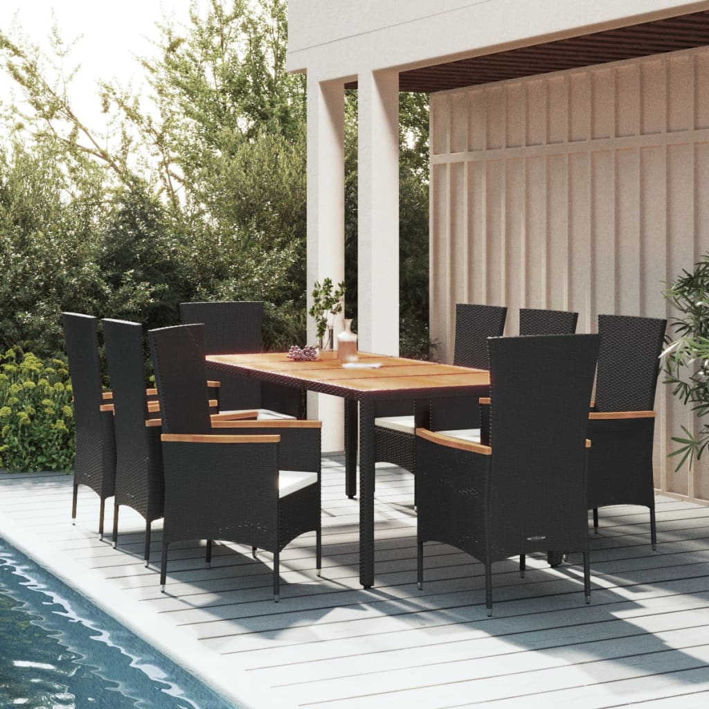 Set da Pranzo da Giardino 9 pz con Cuscini Nero in Polyrattancod mxl 100369