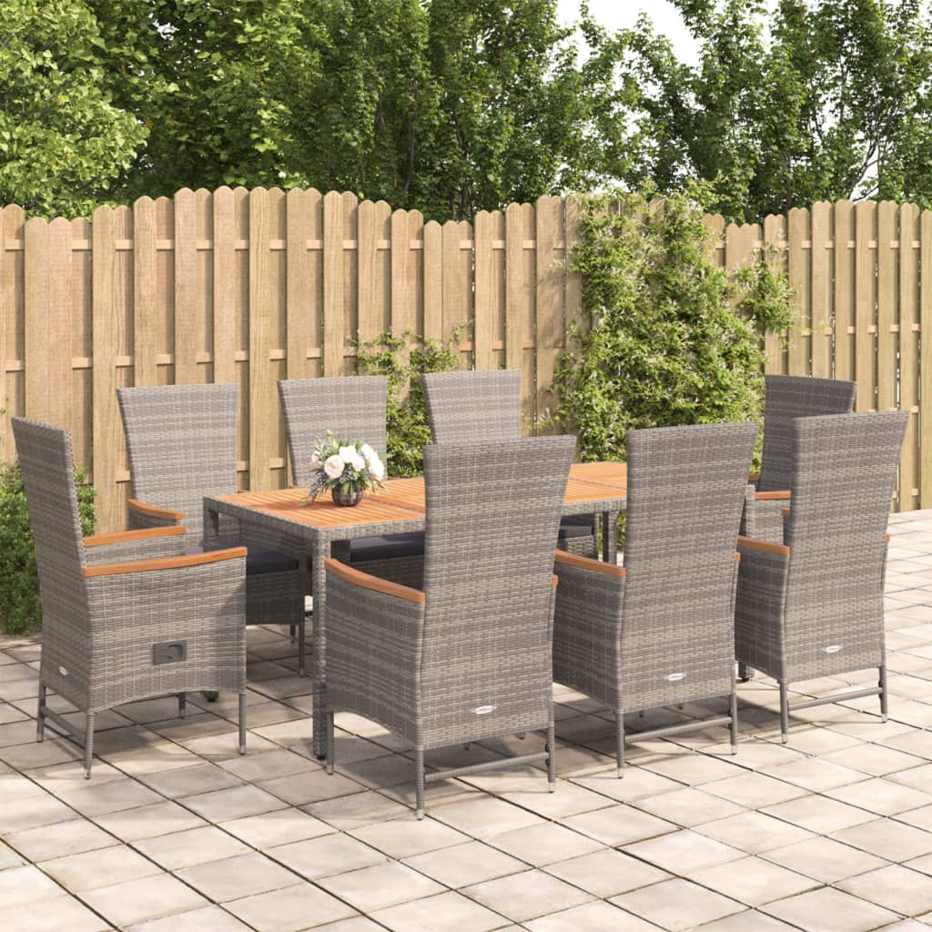 Set da Pranzo da Giardino 9 pz con Cuscini in Polyrattan Grigiocod mxl 76408