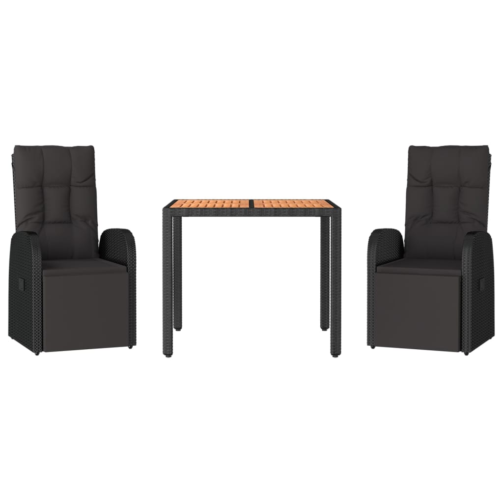 Set Pranzo Giardino 3pz Nero Polyrattan e Legno Massello Acacia 3157606