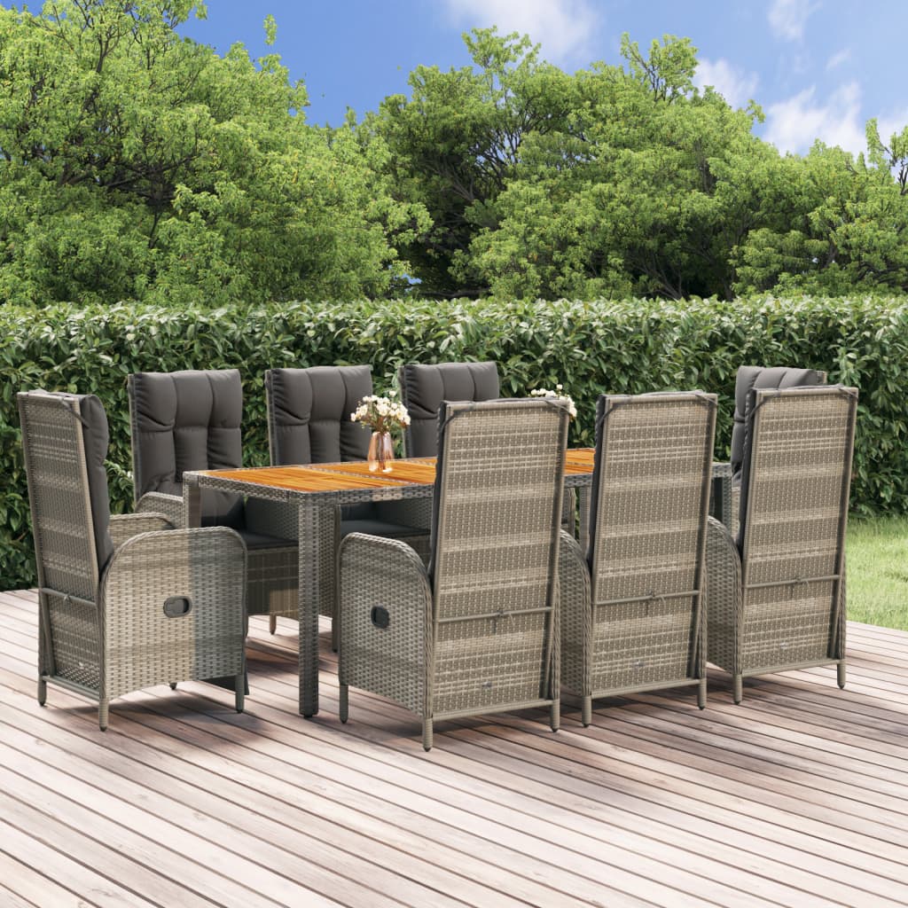 Set da Pranzo da Giardino 9 pz con Cuscini in Polyrattan Grigio
