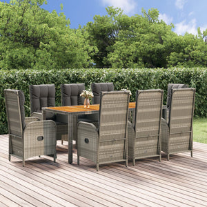 Set da Pranzo da Giardino 9 pz con Cuscini in Polyrattan Grigio