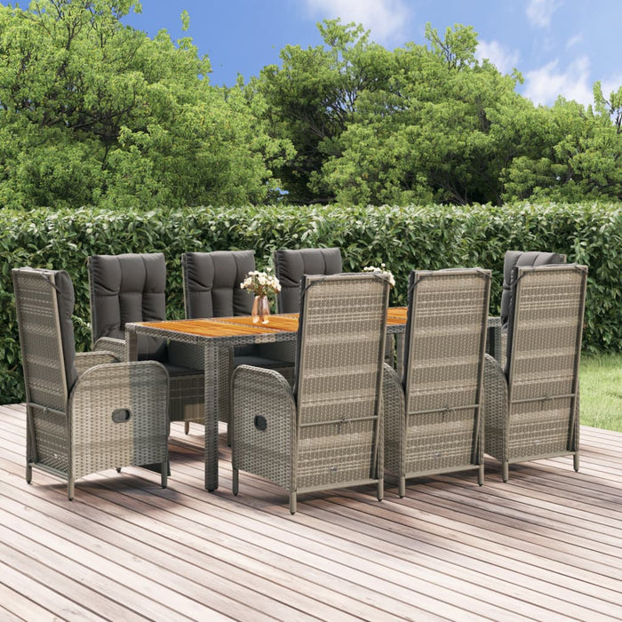 Set da Pranzo da Giardino 9 pz con Cuscini in Polyrattan Grigio