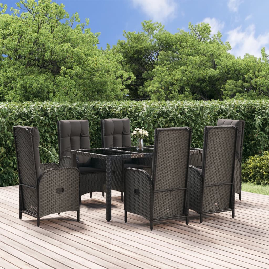 Set da Pranzo Giardino 7pz Nero e Grigio con Cuscini Polyrattan 3185056