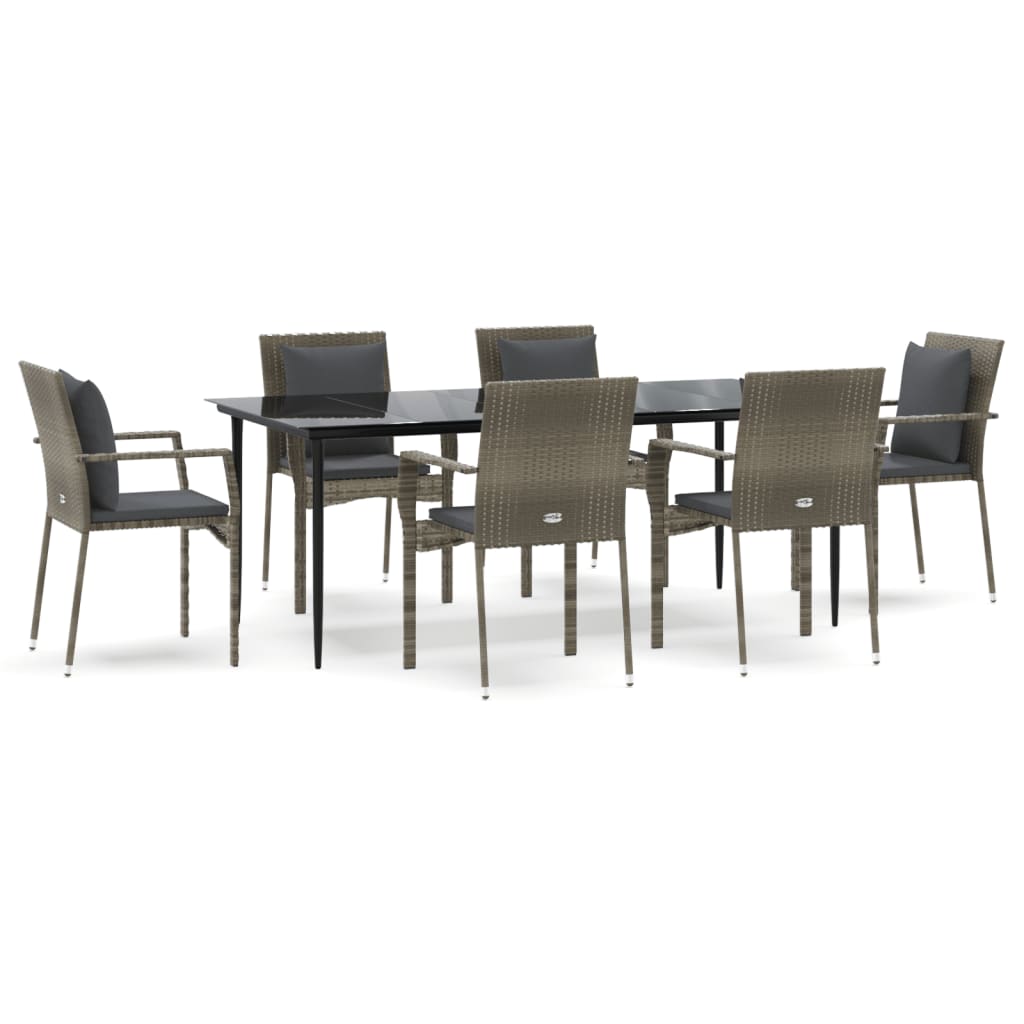 Set da Pranzo Giardino 7pz Nero e Grigio con Cuscini Polyrattan 3185105