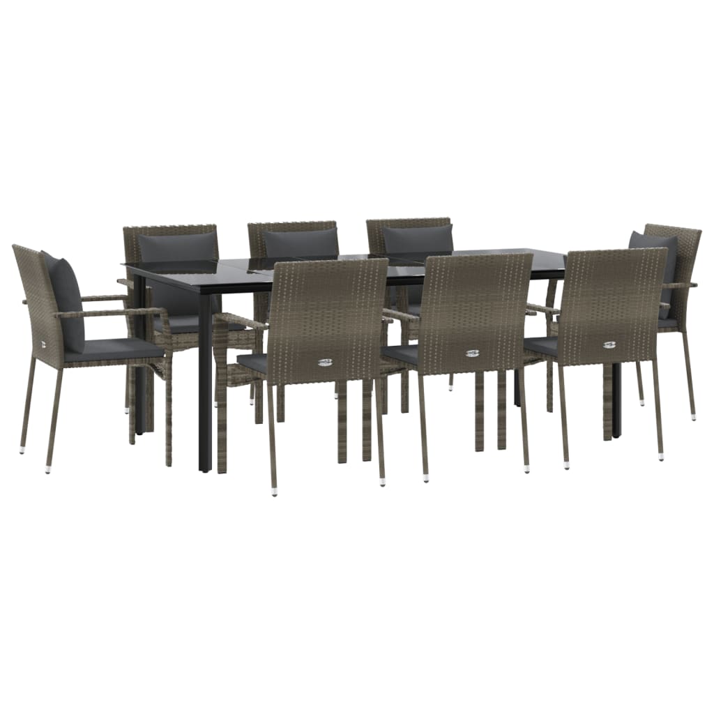 Set da Pranzo Giardino 9pz con Cuscini Nero e Grigio Polyrattan 3185118