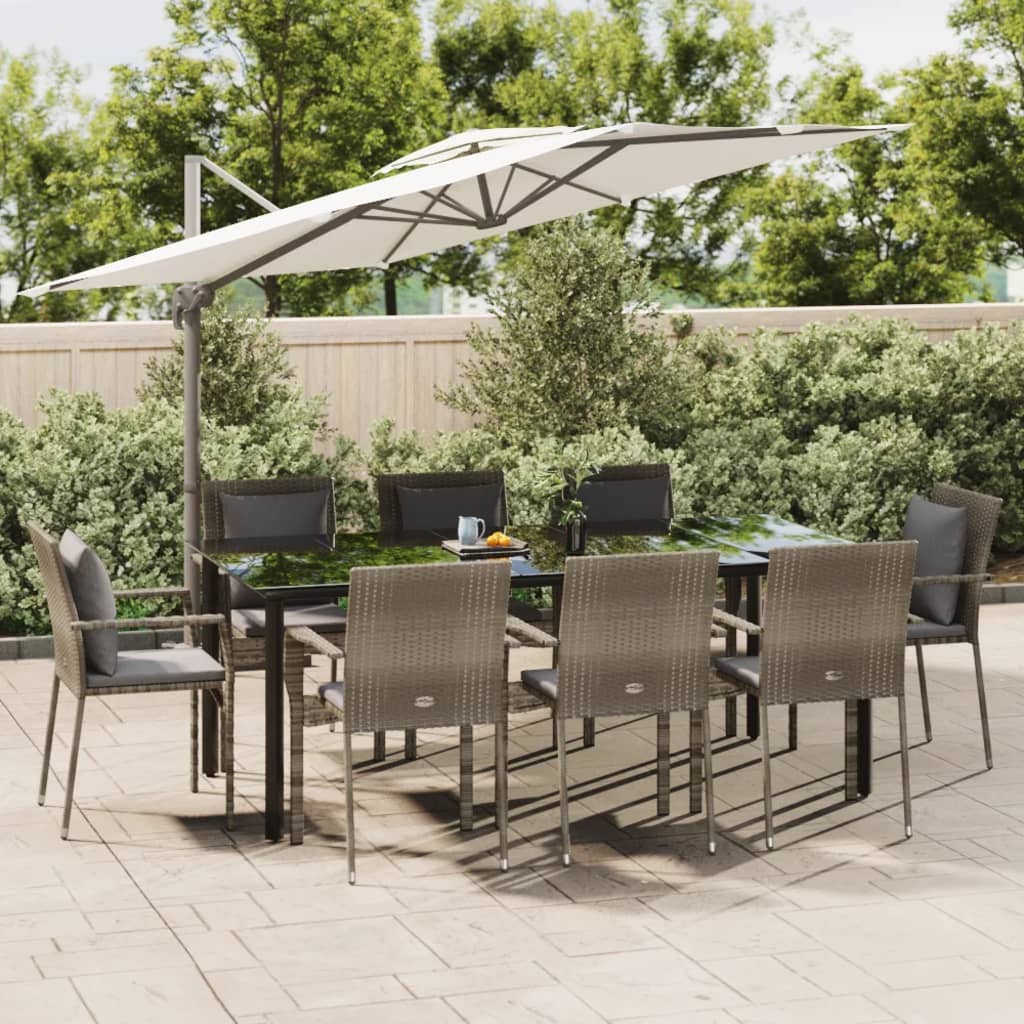 Set da Pranzo Giardino 9pz con Cuscini Nero e Grigio Polyrattan 3185118