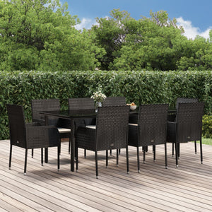 Set da Pranzo da Giardino 9 pz con Cuscini Nero in Polyrattan 3185159