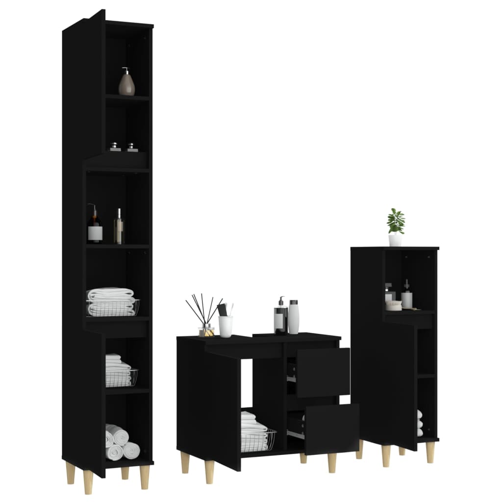 Set di Mobili da Bagno 3 pz Nero in Legno Multistrato 3185536