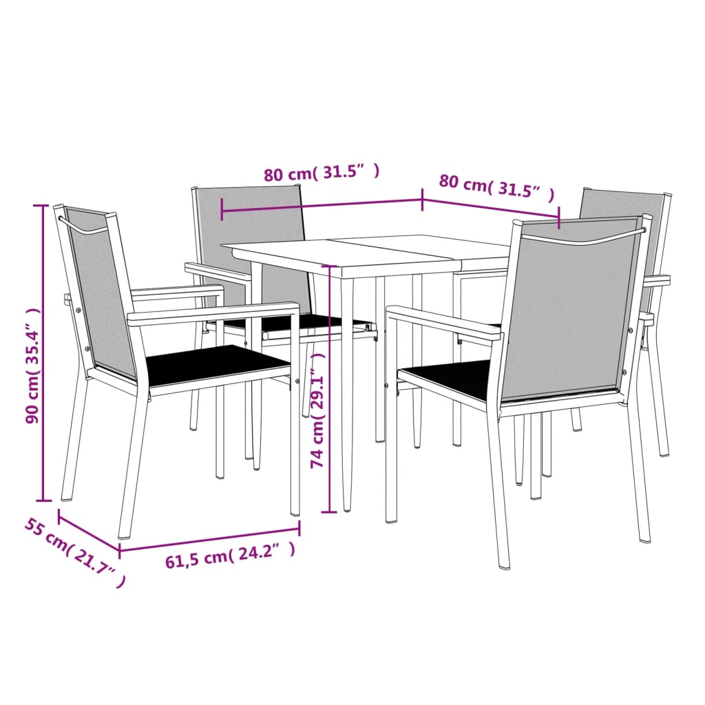 Set da Pranzo da Giardino 5 pz Nero in Textilene e Acciaio 3187034