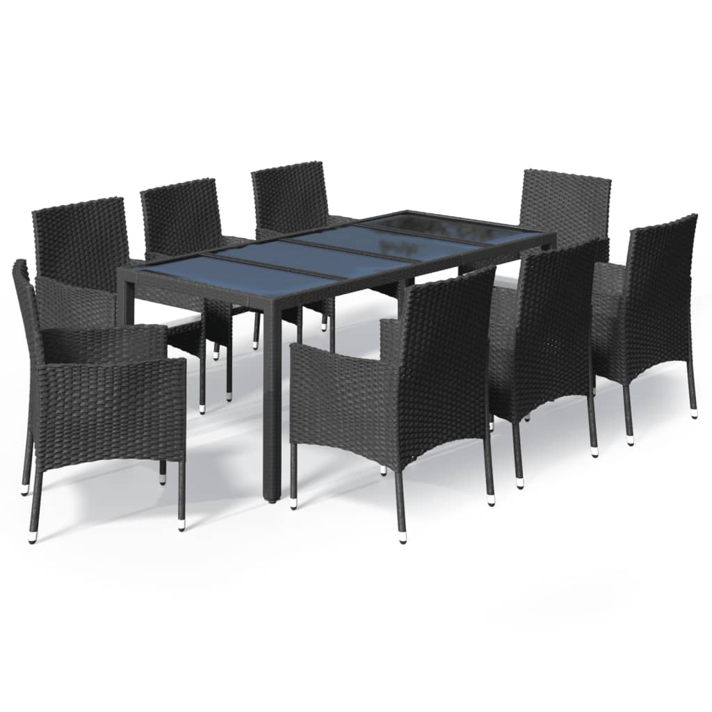 Set da Pranzo da Giardino 9 pz con Cuscini Nero in Polyrattan 3187321