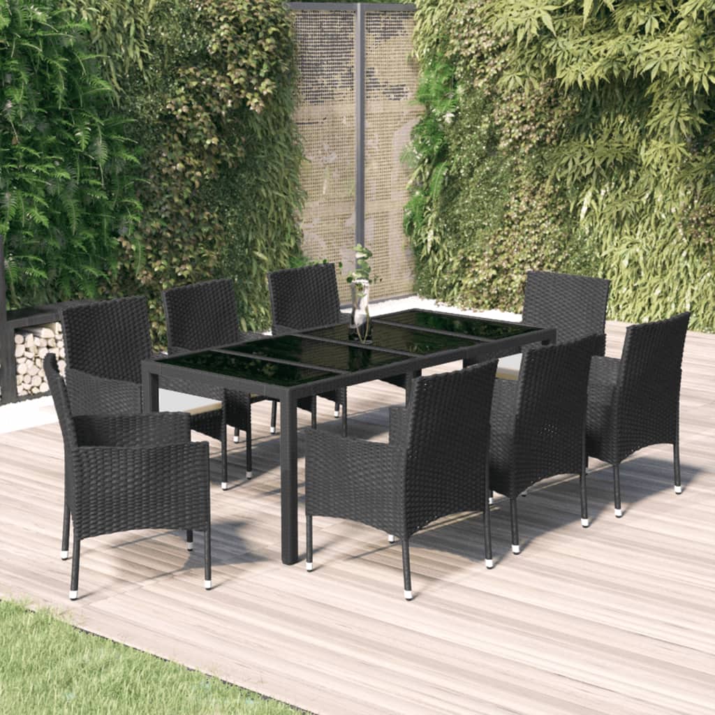 Set da Pranzo da Giardino 9 pz con Cuscini Nero in Polyrattan 3187321