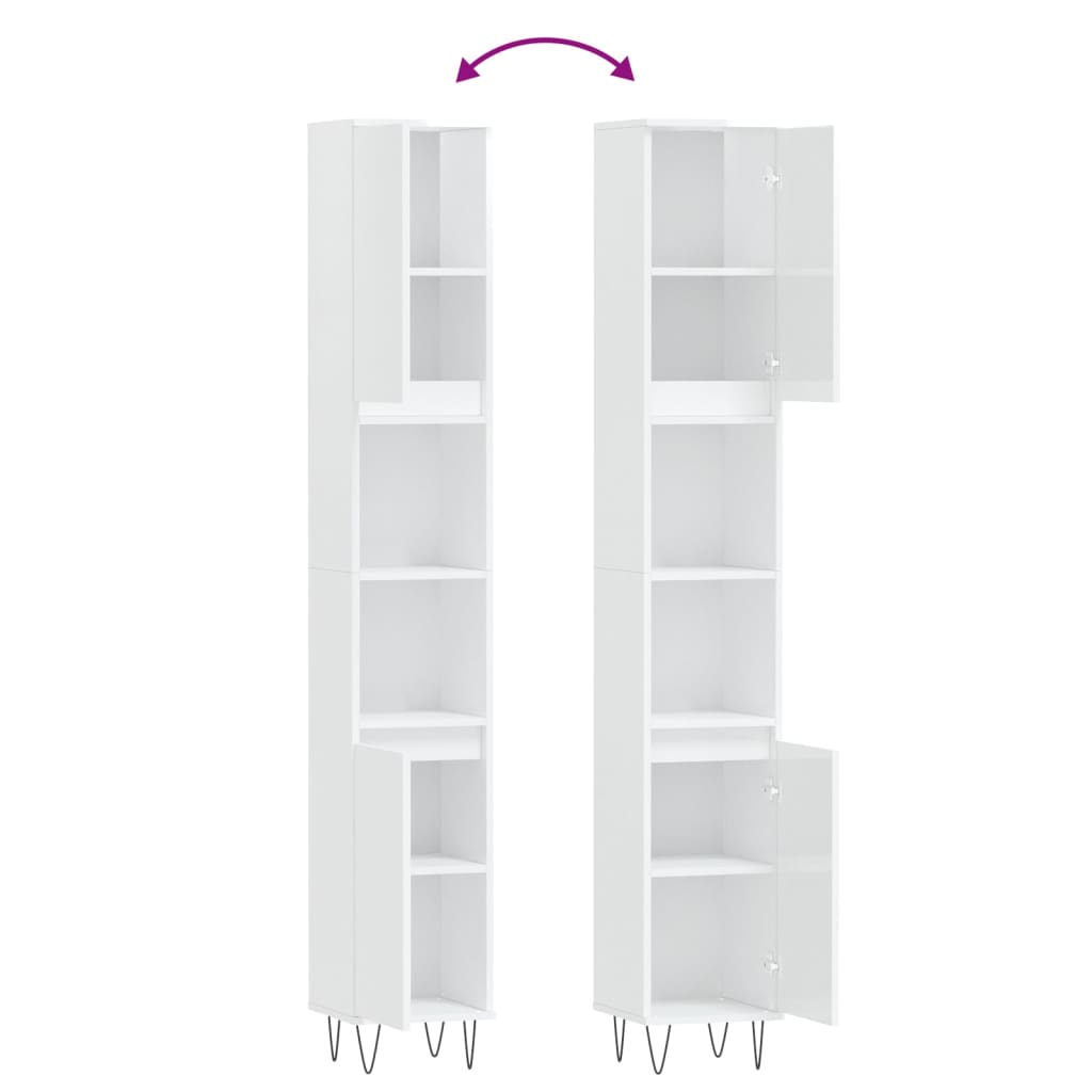 Armadietto Bagno Bianco Lucido 30x30x190cm in Legno Multistrato 831534