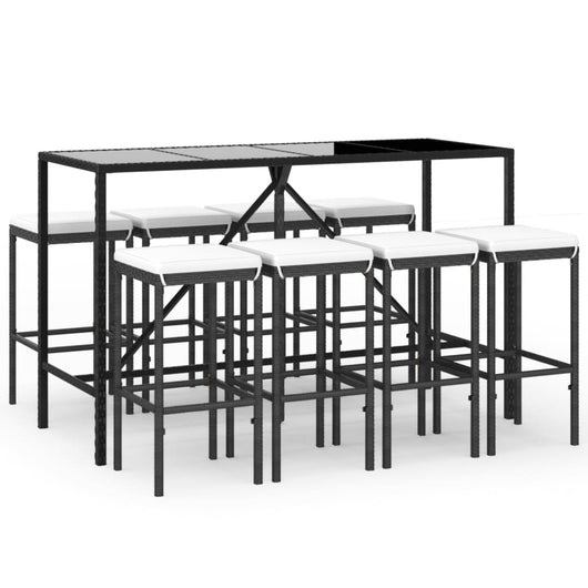 Set Bar da Giardino 9 pz con Cuscini in Polyrattan Nero