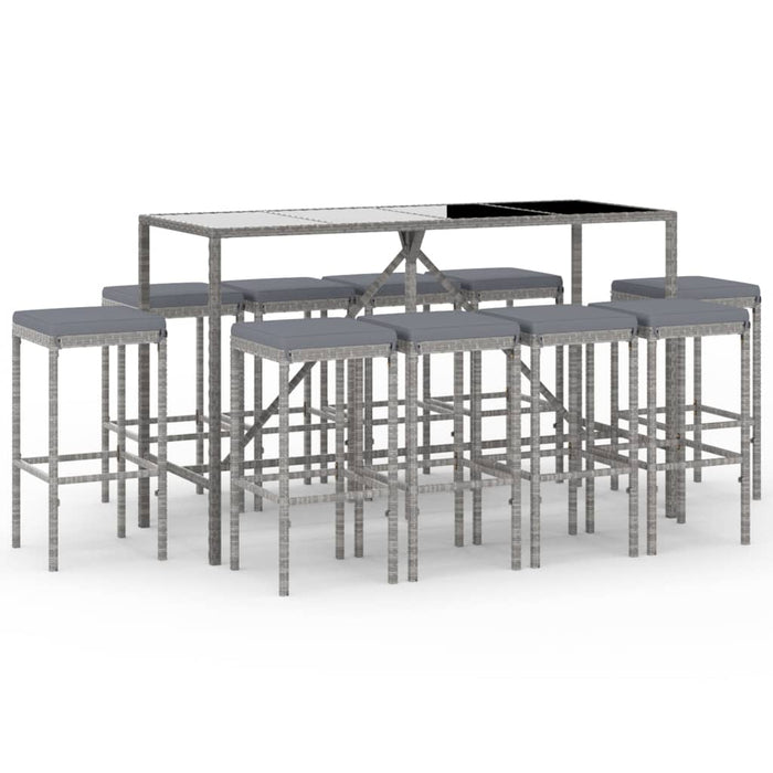 Set Bar da Giardino 11 pz con Cuscini in Polyrattan Grigio
