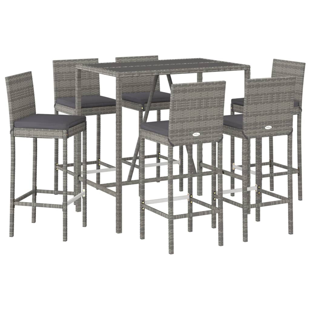 Set Bar da Giardino 7 pz con Cuscini in Polyrattan Grigio 3187646