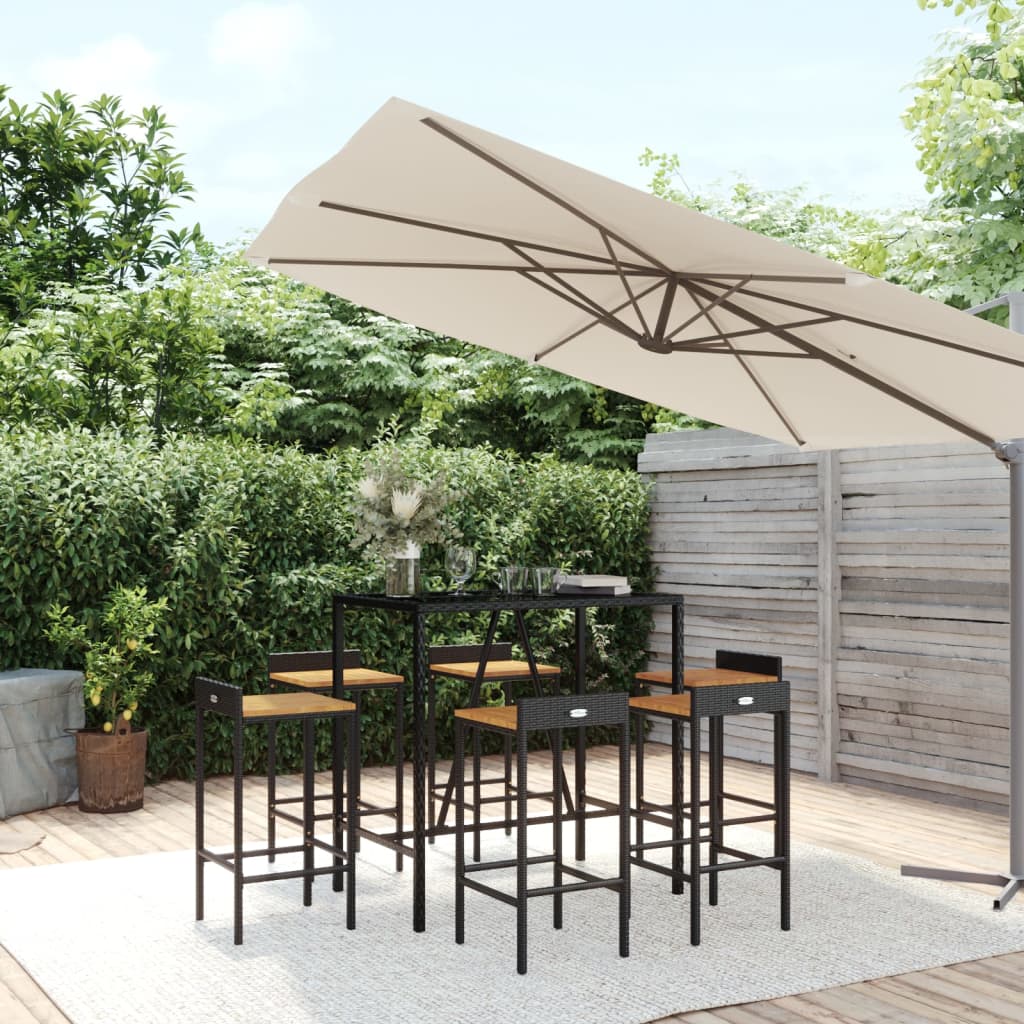 Set Bar Giardino 7 pz Nero Polyrattan e Legno Massello Acacia 3187678