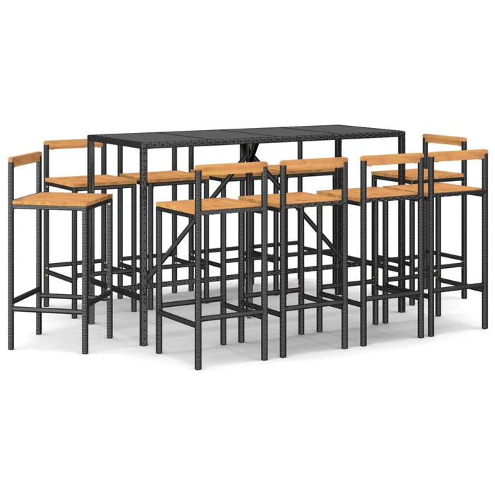 Set Bar Giardino 11 pz Nero Polyrattan e Legno Massello Acacia 3187698