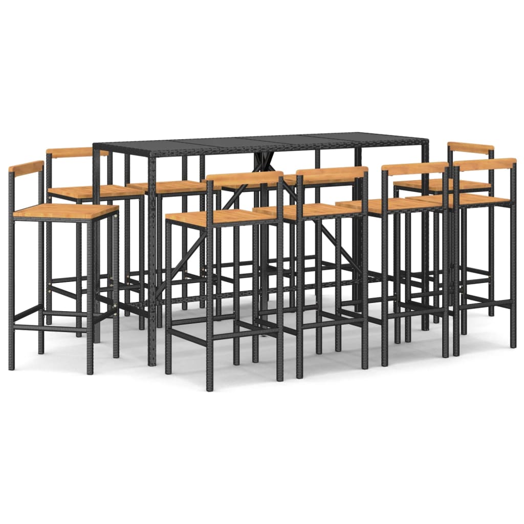 Set Bar Giardino 11 pz Nero Polyrattan e Legno Massello Acaciacod mxl 77279