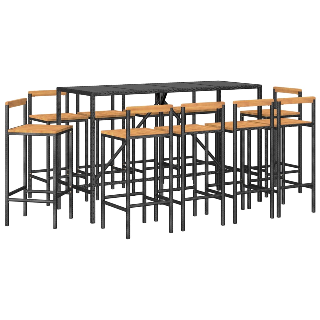 Set Bar Giardino 11 pz Nero Polyrattan e Legno Massello Acacia 3187698