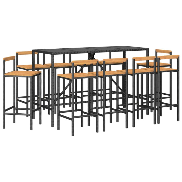 Set Bar Giardino 11 pz Nero Polyrattan e Legno Massello Acacia 3187698