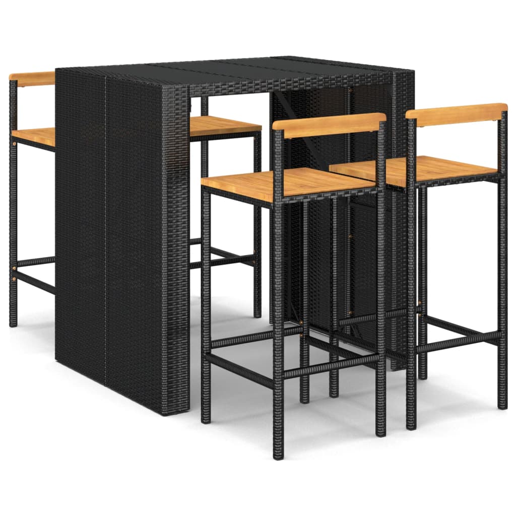 Set Bar Giardino 5 pz Nero Polyrattan e Legno Massello Acacia 3187700