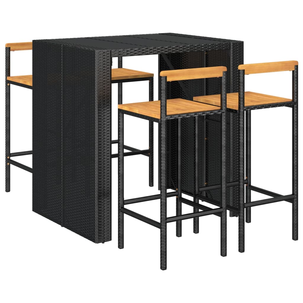 Set Bar Giardino 5 pz Nero Polyrattan e Legno Massello Acacia 3187700